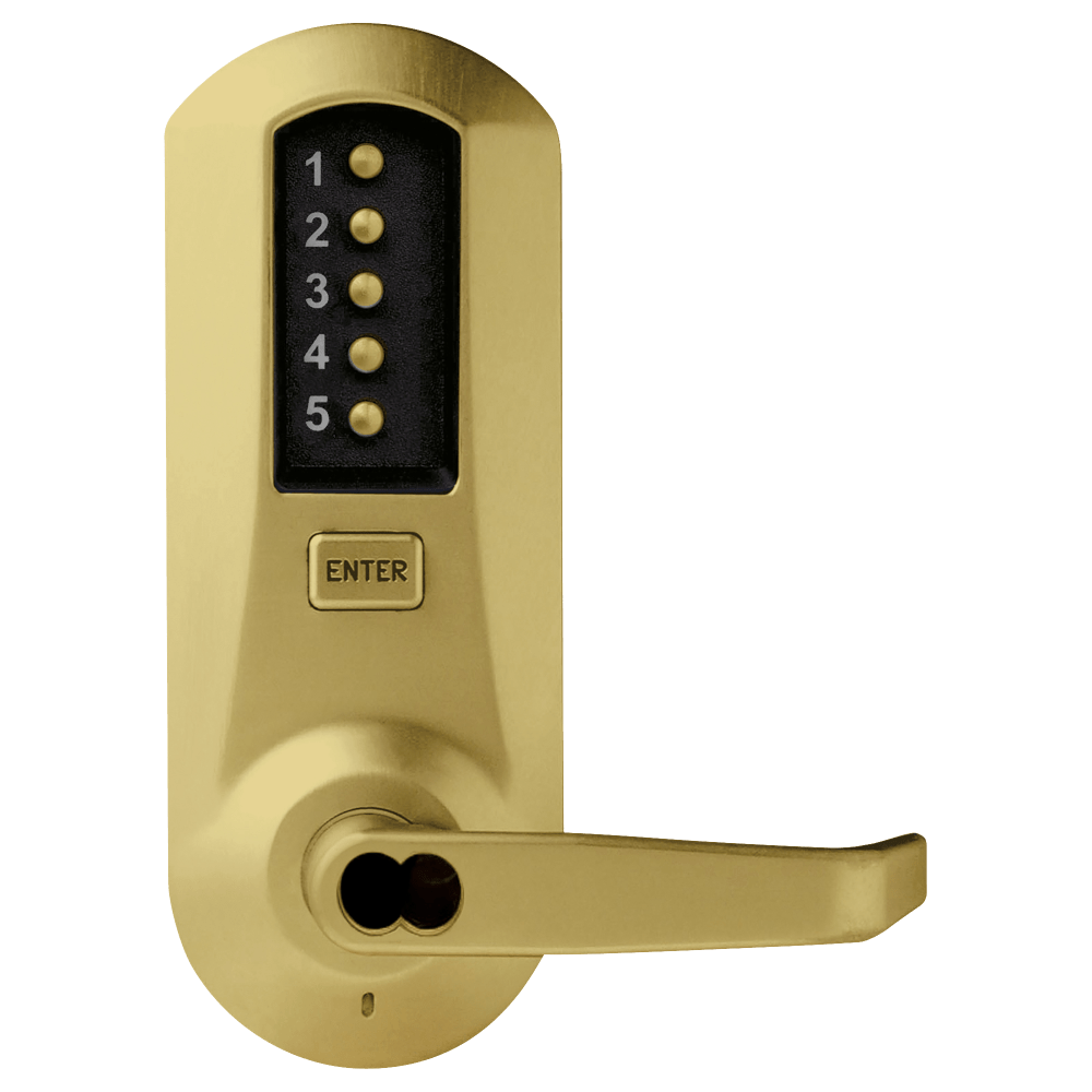 DormaKaba 5031MWL-04-41 Cylindrical Combination Lever Lock, Interior Combination Change, DOD, 2-3/4" Backset, 1/2" Throw Latch, Medeco/Yale/ASSA/Abloy LFIC Prep, Less Core, Satin Brass