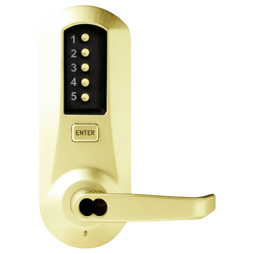 DormaKaba 5031SWL-03-41 Cylindrical Combination Lever Lock, Interior Combination Change, DOD, 2-3/4" Backset, 1/2" Throw Latch, Schlage FSIC Prep, Less Core, Bright Brass