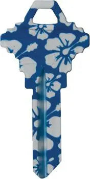Kaba Ilco SC1-HIBISCUS Personali-Key Blue/White Hibiscus Key Blank, Schlage