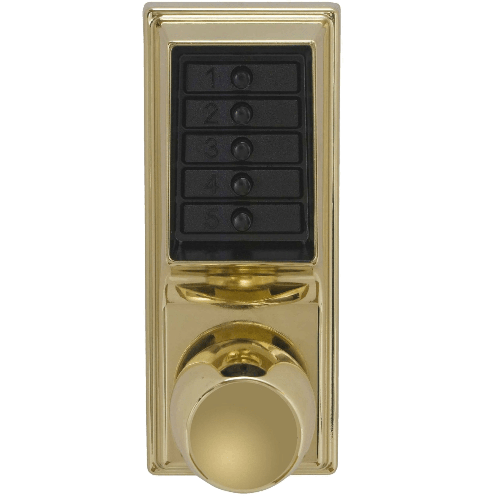 DormaKaba 1012-03-41 Grade 1 Pushbutton Cylindrical Knob Lock, Combination Entry Function Only, 2-3/8" Backset, 1/2" Throw Latch, Bright Brass Finish, Field Reversible