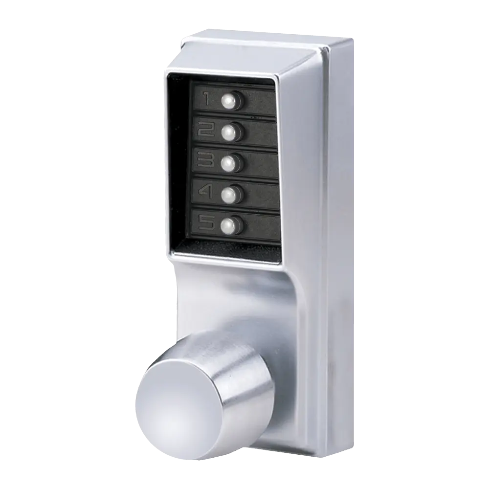 DormaKaba 1031-26D-41 Grade 1 Pushbutton Cylindrical Knob Lock, Combination Entry/Passage Functions, 2-3/4" Backset, 1/2" Throw Latch, Satin Chrome Finish, Field Reversible
