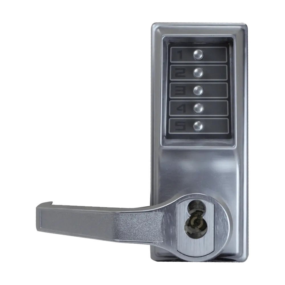 DormaKaba LL1021B-26D-41 Pushbutton Cylindrical Lever Lock, Combination Entry Function with Key Override, 2-3/4" Backset, 1/2" Throw Latch, 6/7-Pin SFIC Prep, Less Core, Satin Chrome Finish, Left Hand/Left Hand Reverse