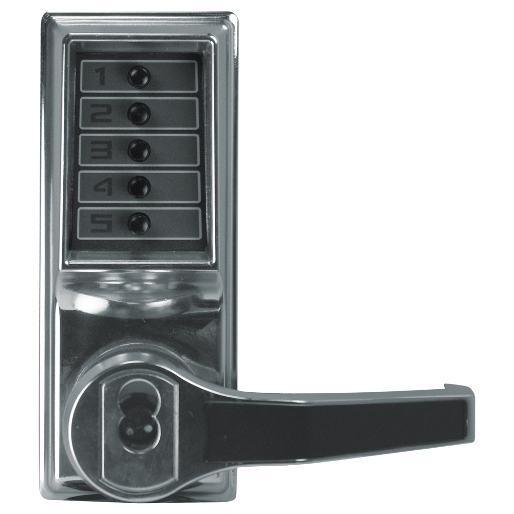 DormaKaba LR1021S-026-41 Pushbutton Cylindrical Lever Lock, Combination Entry Function with Key Override, 2-3/4" Backset, 1/2" Throw Latch, Schlage FSIC Prep, Less Core, Bright Chrome Finish, Right Hand/Right Hand Reverse