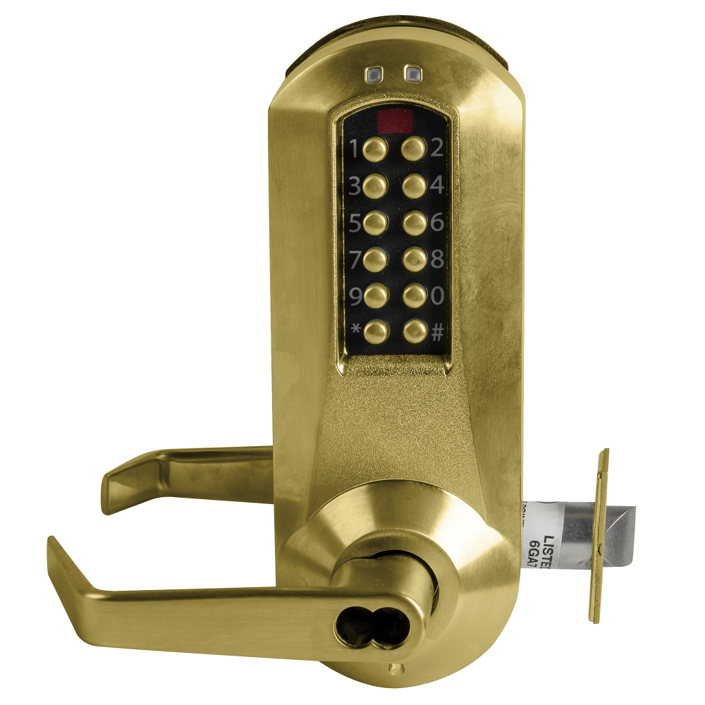 DormaKaba E5051BWL-606-41 E-Plex 5000 Cylindrical Lock with Privacy, Winston Lever, 100 Access Codes, 3,000 Audit Events, 6/7-Pin SFIC Prep, Less Core, 2-3/4" Backset, 1/2" Throw, Satin Brass