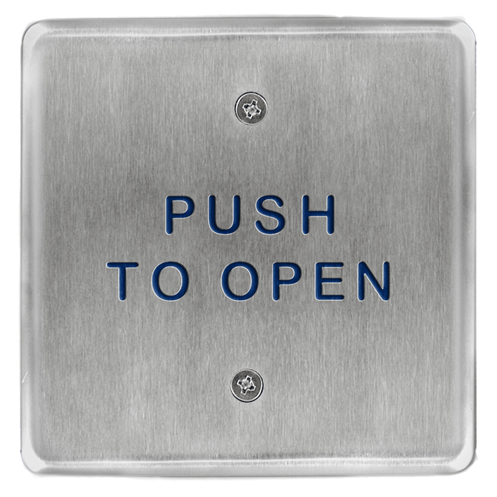 BEA 10PBS45 Stainless steel push plate, 4.5" square, blue text only
