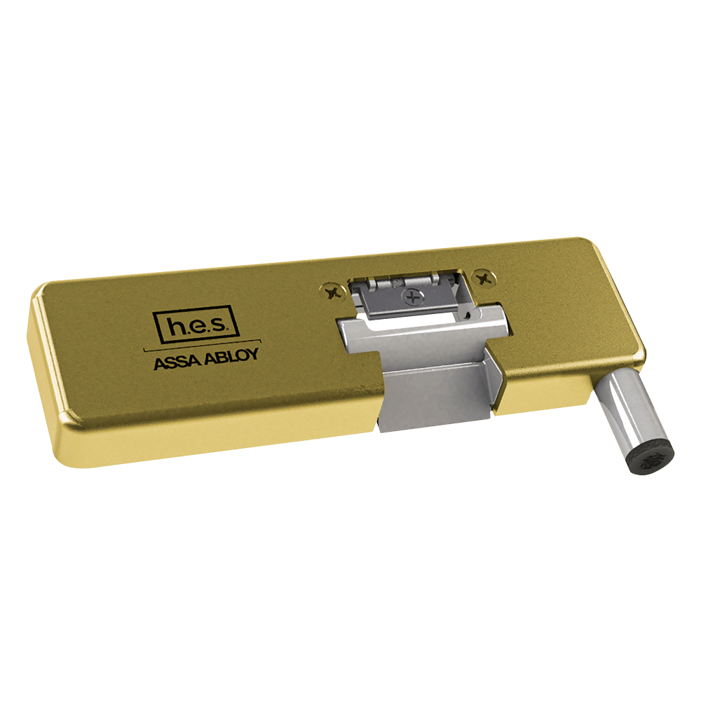 HES 9100L-606 Grade 1 Field Selectable (Safe/Secure) 12/24VDC Electric Strike for Glass Single Doors with Vertical Rods, Satin Brass Finish, Left-Handed