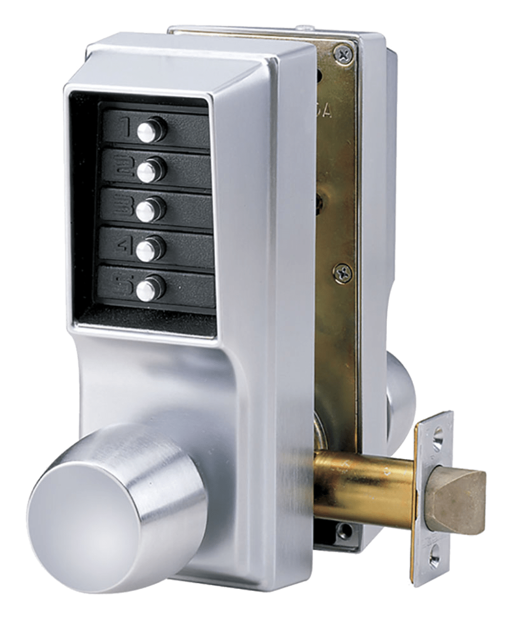 DormaKaba EE1015/EE1015-26D-41 Cylindrical Knob Lock, Combination Entry Only, Combination Exit Only, 2-3/4" Backset, 3/4" Throw Latch, Satin Chrome