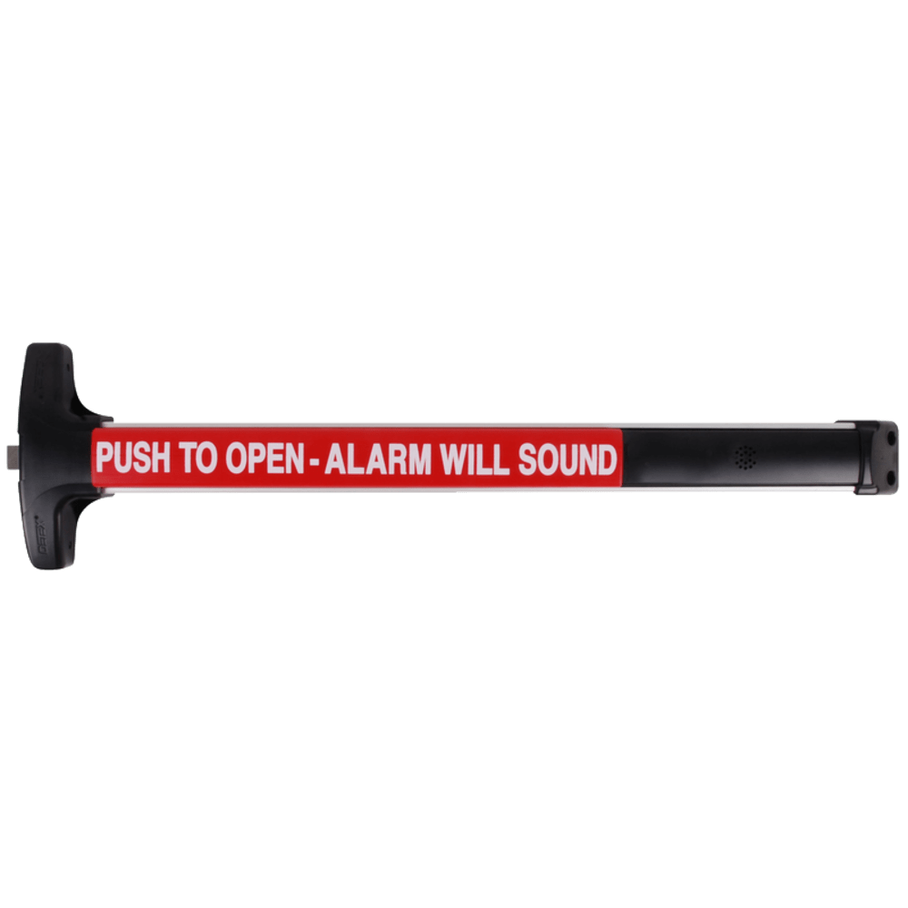 Detex V4003A EB LD 628 99 36 Value Series Wide Stile Rim Exit Device, with Night Latch Trim, Less Dogging, 99 Surface Strike, Battery Operated Alarm Less Cylinder, 36" Device, Satin Aluminum Clear Anodized Finish