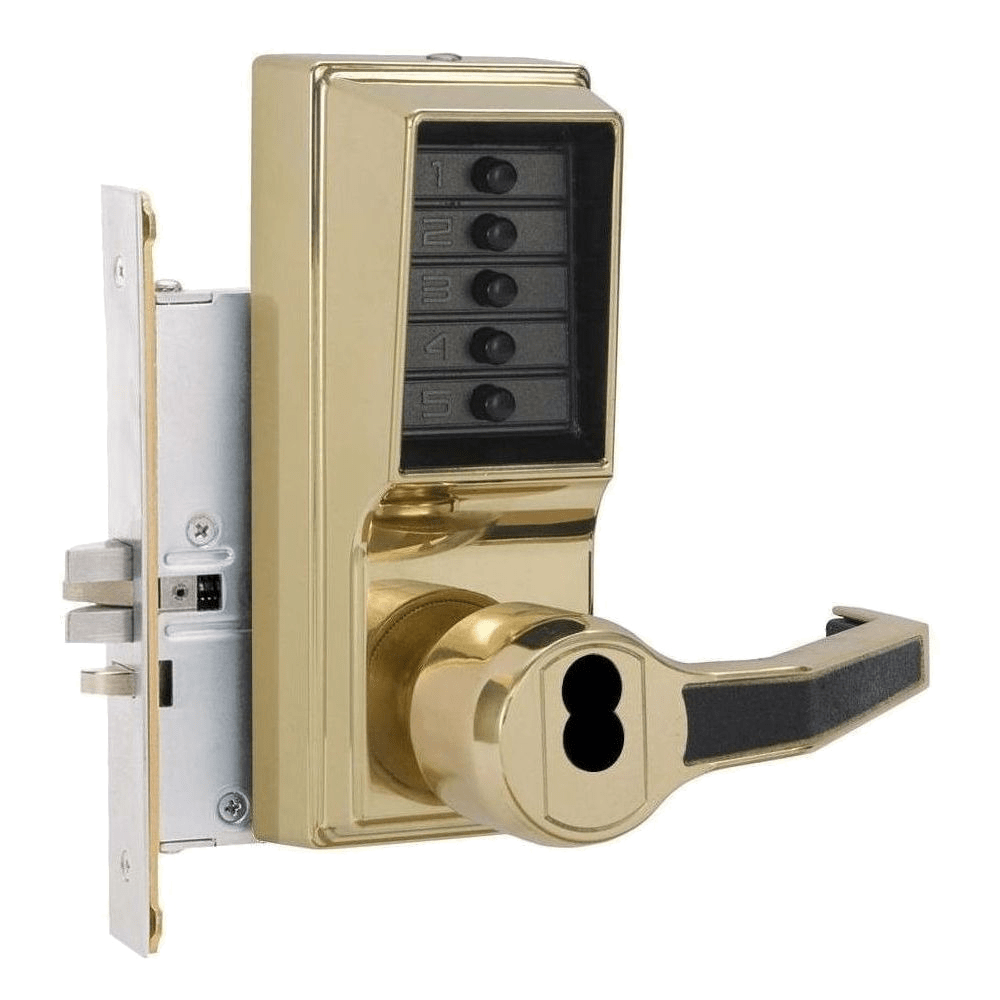 DormaKaba R8146C-03-41 Mortise Combination Lever Lock, Key Override, Passage, Lockout, Corbin Russwin 6-Pin LFIC Prep, Less Core, Bright Brass