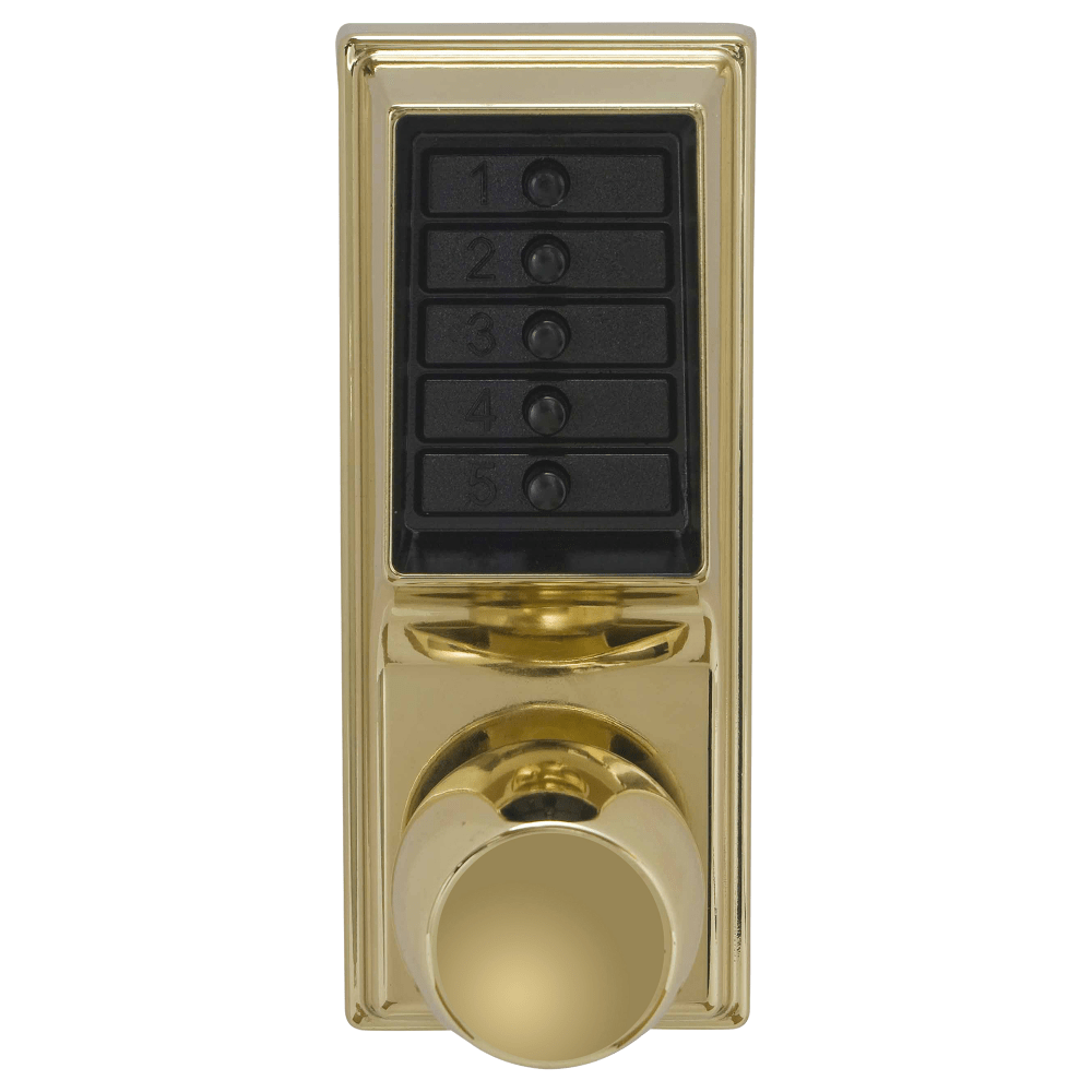 DormaKaba 1031-03-41 Grade 1 Pushbutton Cylindrical Knob Lock, Combination Entry/Passage Functions, 2-3/4" Backset, 1/2" Throw Latch, Bright Brass Finish, Field Reversible