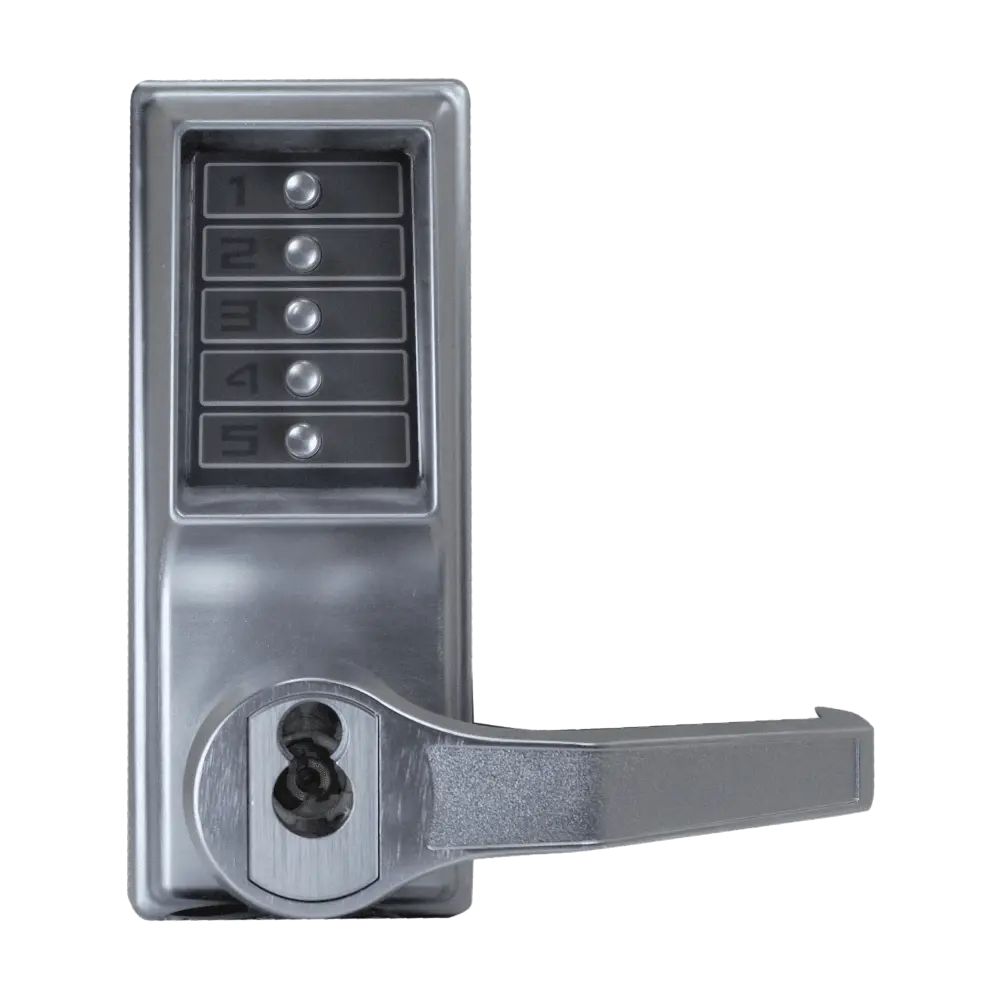 DormaKaba LR1041B-26D-41 Pushbutton Cylindrical Lever Lock, Combination Entry/Passage Functions with Key Override, 2-3/4" Backset, 1/2" Throw Latch, 6/7-Pin SFIC Prep, Less Core, Satin Chrome Finish, Right Hand/Right Hand Reverse