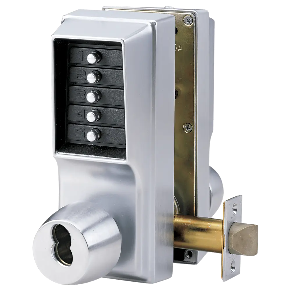 DormaKaba EE1021B/EE1021B-26D-41 Cylindrical Knob Lock, Combination or Key Override Entry, Combination or Key Override Exit, 2-3/4" Backset, 1/2" Throw Latch, Satin Chrome