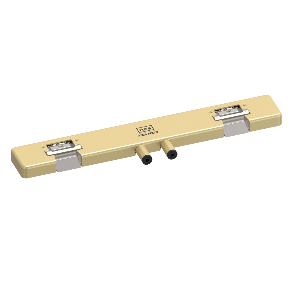 HES 9200W-605 Grade 1 Field Selectable (Safe/Secure) 12/24VDC Electric Strike for Glass Double Doors with Vertical Rods, 8-3/8" Centered Keeper Spacing, Bright Brass Finish