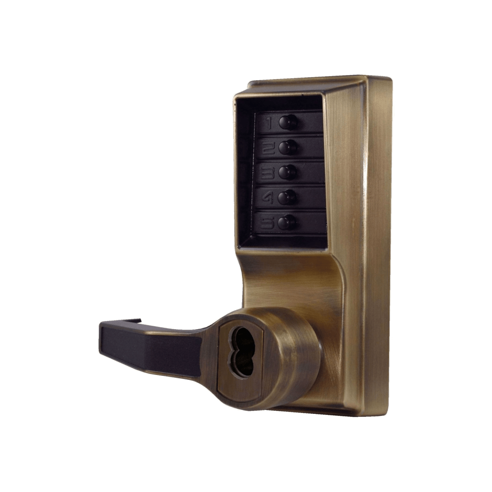 DormaKaba LL1076S-05-41 Pushbutton Cylindrical Lever Lock, Combination Entry/Privacy Lockout Function with Key Override, 2-3/4" Backset, 3/4" Throw Latch, Schlage FSIC Prep, Less Core, Antique Brass Finish, Left Hand/Left Hand Reverse