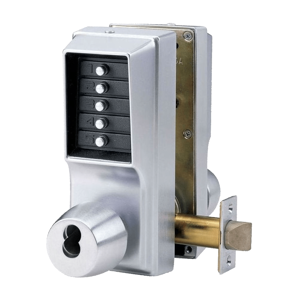 DormaKaba EE1025C/EE1025C-26D-41 Cylindrical Knob Lock, Combination or Key Override Entry, Combination or Key Override Exit, 2-3/4" Backset, 3/4" Throw Latch, Corbin Russwin 6-Pin LFIC Prep, Less Core, Satin Chrome