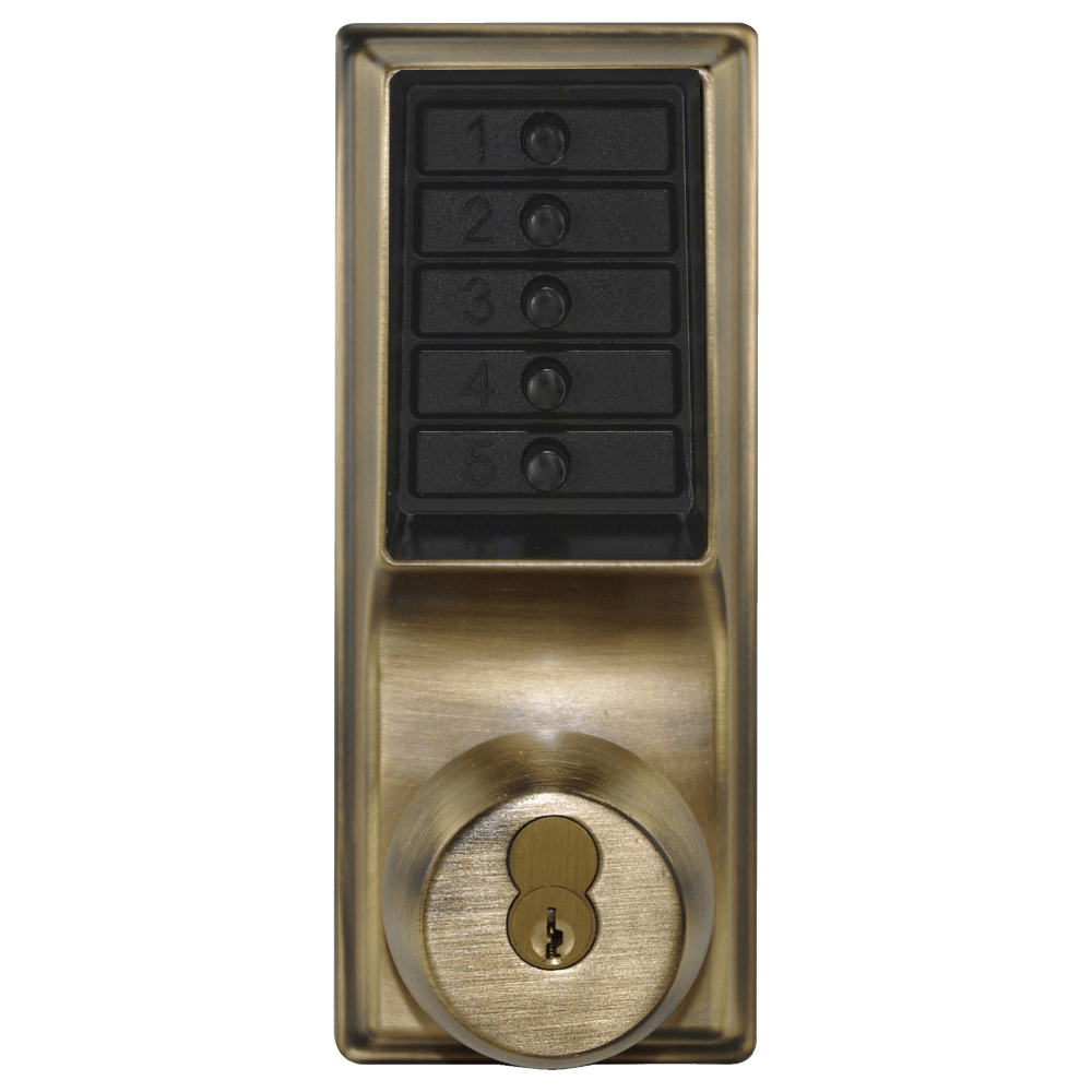 DormaKaba 1021S-05-41 Grade 1 Pushbutton Cylindrical Knob Lock, Combination Entry Function with Key Override, 2-3/4" Backset, 1/2" Throw Latch, Schlage FSIC Prep, Less Core, Antique Brass Finish, Field Reversible