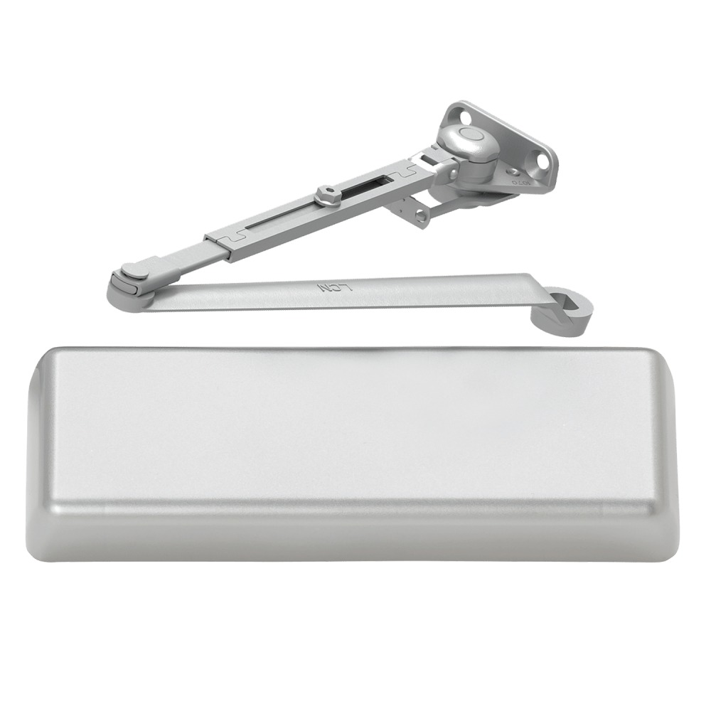 LCN 4111-FL/62 RH 689 Grade 1 Surface Door Closer, Fusible Link Arm, 62 Shoe, Parallel Arm Mounting, Push Side, 180 Degree Swing, Size 1 to 5, Full Plastic Cover, Aluminum Painted, Right Hand