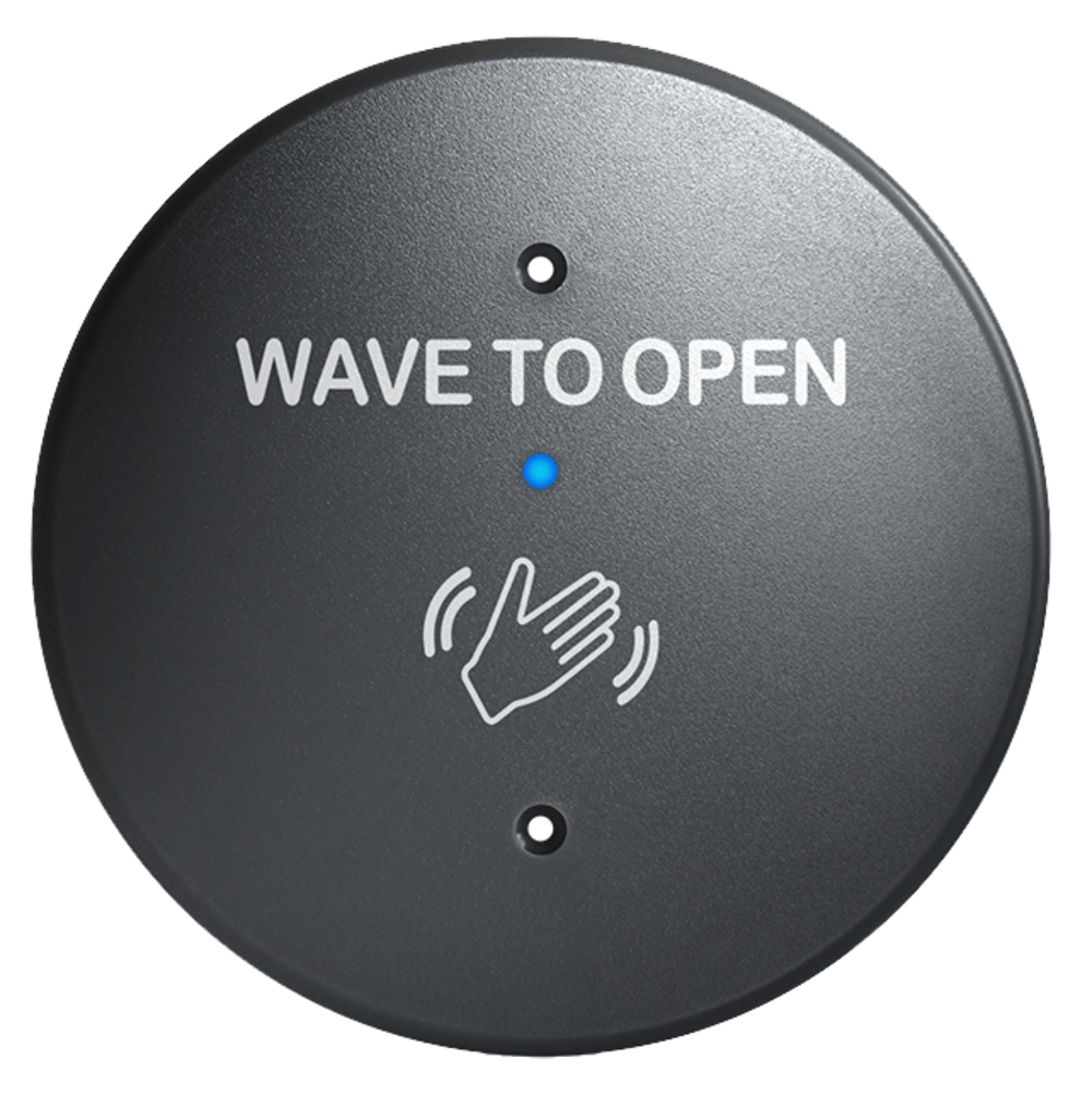 BEA 10MS31R-G Microwave Touchless Actuator, Round Plate, Text & Hand Logo, Adjustable 4 to 24 In, 12-24 VAC/DC, Gray
